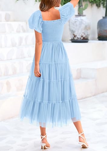 PRETTYGARDEN Women's Smocked Midi Tulle Dress 2026 Summer Puffy Short Sleeve Square Neck Ruffle Wedding Guest Party Dresses