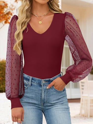 ZESICA Women's Mesh Puff Long Sleeve Shirts 2026 Spring Fall V Neck Ribbed Knit Sexy Going Out Tops Casual Work Blouse