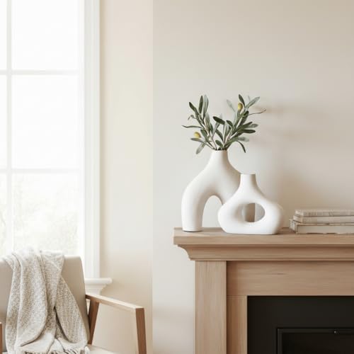 Carrot's Den Donut Vase, Set of 2 - White Large Ceramic Vase - Minimalist Nordic, Hollow | Table Centerpiece, Olive Plant,...