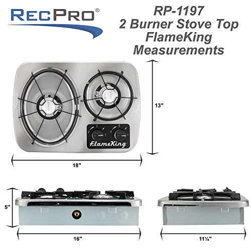 RecPro RV 2 Burner Gas Built-In Cooktop Stove with Cover Hood and Wind Guard | 7200 and 5200 BTU Burners