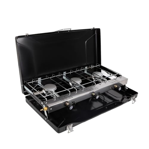 FineFlame 3-Burner Propane Camping Stove 19800 BTUs, Portable Camp Stove with 3 Adjustable Burners and Push-Button Instant...
