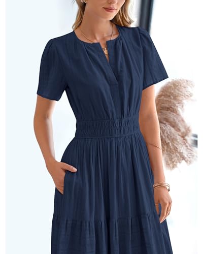BTFBM Womens Summer 2025 Casual Midi Maxi Dresses Lightweight Short Sleeve V Neck Elastic Waist Boho Beach Dress Pockets