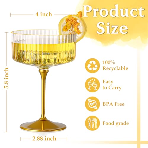 HKSZEH 24 PCS Ribbed Coupe Glasses with Gold Stem Clear Plastic Champagne Coupe Cup 10oz Detachable Gold Rim Espresso Mart...
