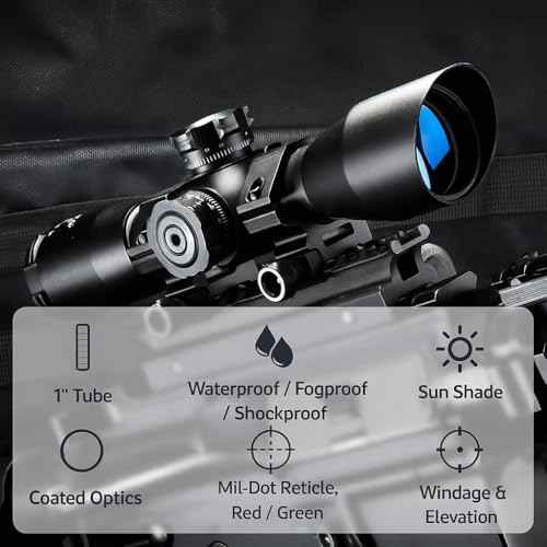 Barska Compact Rifle Scope with Red/Green Illuminated Mil-Dot Reticle ? Side Rheostat, Sunshade, Flip-Up Caps, External Turrets, Waterproof/Fogproof
