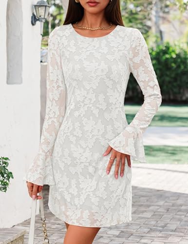 ZESICA Long Sleeve Mini Dresses for Women Spring Mesh Floral Crewneck Bodycon Wedding Guests Cocktail Party Short Dress