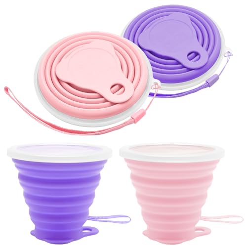 Litoexpe 2 Pack Silicone Collapsible Travel Cup Portable Folding Camping Cup Sets with Lids, Pink & Purple, Capacity 9.22o...