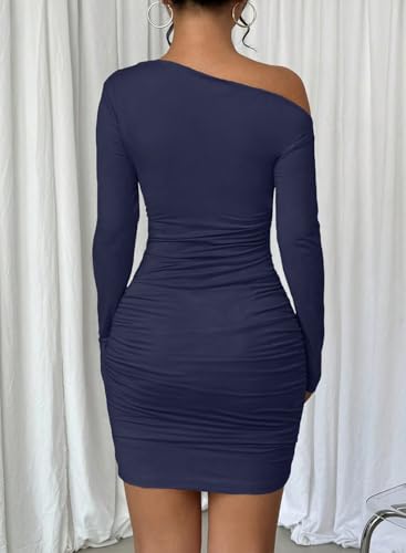Acelitt Fall Off The Shoulder Dresses for Women 2025 Long Sleeve Ruched Bodycon Cocktail Party Mini Dress(Size Down)