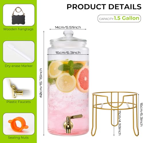 Glass Drink Dispensers For Parties, 1.5 Gallon Beverage Dispenser With Glass Airtight Lids, Gold Metal Stand And Stainless...