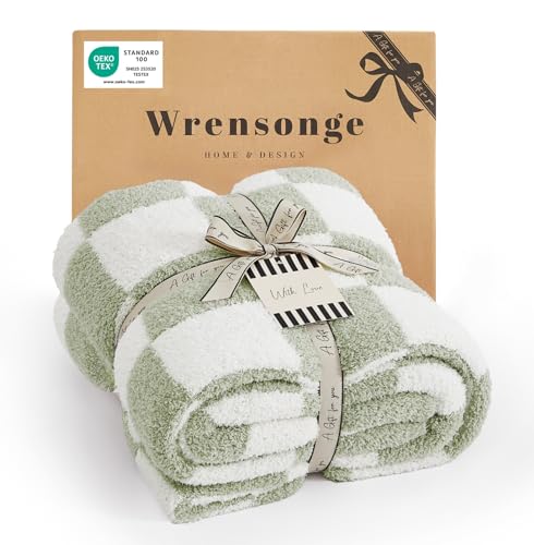 WRENSONGE Checkered Throw Blanket, Sage Green Soft Cozy Fluffy Hand Made Throw Blankets for Couch, Sofa, Chair, Bed, Campi...