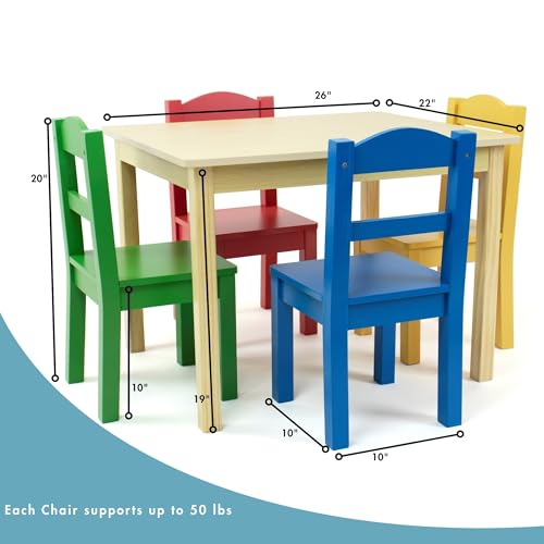 Humble Crew Kids Wooden Table and 4 Chairs Set, Natural/Primary - Kids Table and Chair Set for Toddlers and Children for A...