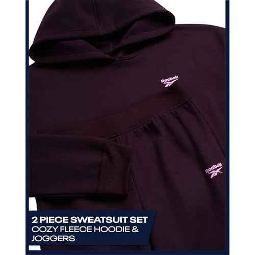 Reebok Girls Sweatsuit Set - 2 Piece Soft Long Sleeve Hoodie Sweatshirt and Sweatpants for Girls - Athletic Sweatsuit, Size 7, Plum