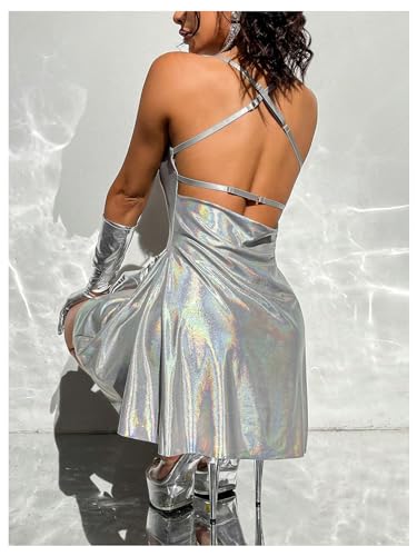 WDIRARA Women's Metallic Criss Cross Backless Cowl Neck Flare Sexy Party Mini Dress