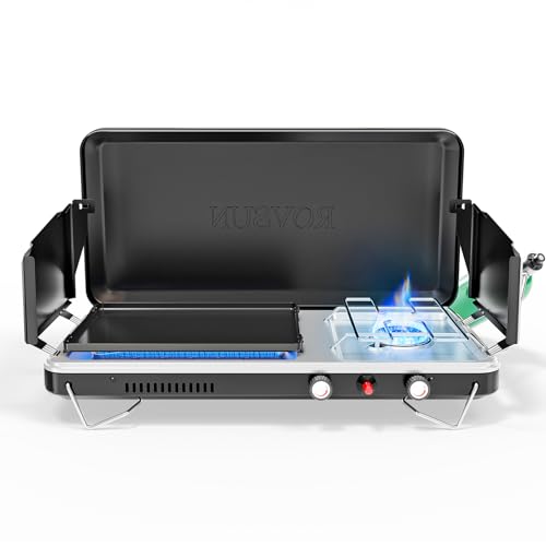 ROVSUN 2-in-1 Portable Camping Stove & Propane Grill with Enamel Griddle & Piezo Igniter, Tabletop Camp Stove with Built-i...
