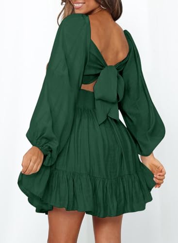 Dokotoo Womens Dress Long Lantern Sleeve Square Neck Tie Backless Sexy Dress Ruffle Elastic Waist A-Line Mini Dress