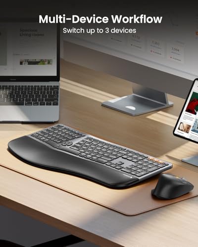 ProtoArc Ergonomic Keyboard Mouse, EKM01 Plus Full Size Wireless Bluetooth Ergo Keyboard Mouse Combo, Cushioned Palm Rest,...