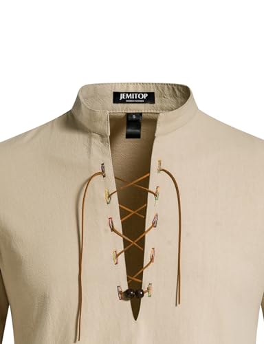 JEMITOP Men's Pure Cotton Retro Lace Up Shirts for Renaissance Pirate Medieval Viking