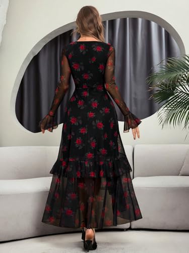 GothDark Women's Floral Mesh Dress Elegant Long Sleeve Square Neck Double Layer Ruffle Hem Casual Wedding Guest Maxi Dresses