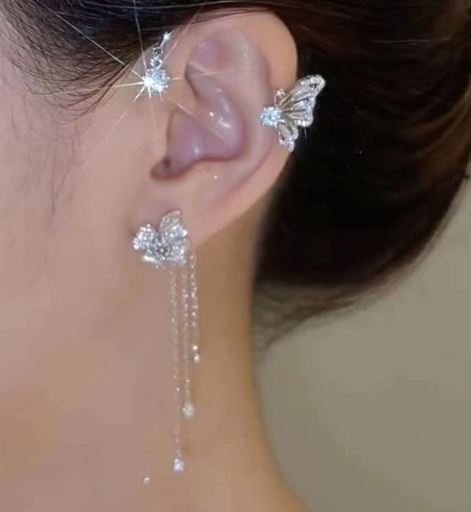 2Pcs Zircon Butterfly Ear Cuff Earrings for Women No Piercing Clip Wrap Around Fake Earrings Ear Crawler Rhinestone Wrap (Silver 1)