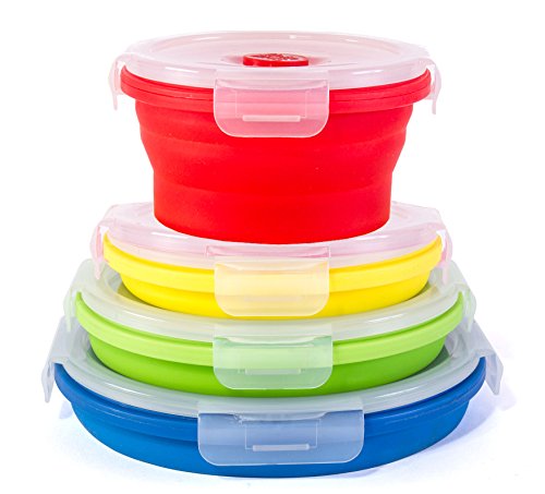 Thin Bins Collapsible Containers Set of 4 Round Silicone Food Storage Containers BPA Free, Microwave, Dishwasher and Freez...