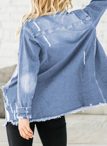 Dokotoo Women's Oversized Denim Jacket Casual Long Sleeve Denim Shirts Distresse Jean Jacket