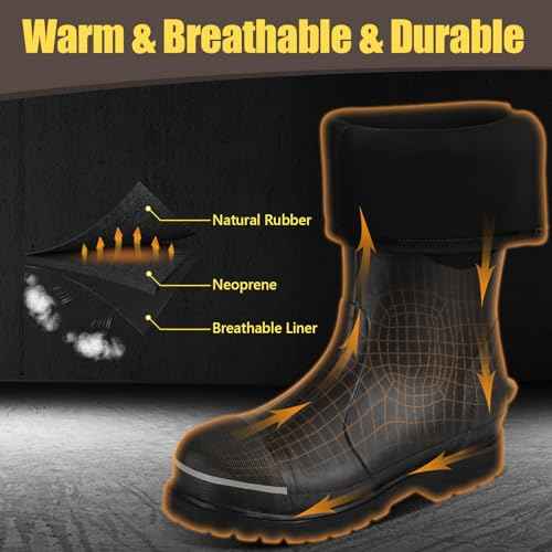 Kalkal Steel Toe Rubber Boots for Men - Waterproof Anti Slip Work Boots 6mm Neoprene Rain Boot Durable Hunting Boots with Steel Shank for Farming Gardening Construction Outdoor Work Black Size 9