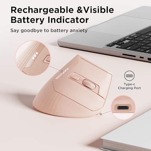 Uineer Ergonomic Wireless Mouse Pink,Bluetooth Vertical Mouse with BT5.0/4.0/2.4G, Rechargeable with Battery Indicator,Erg...