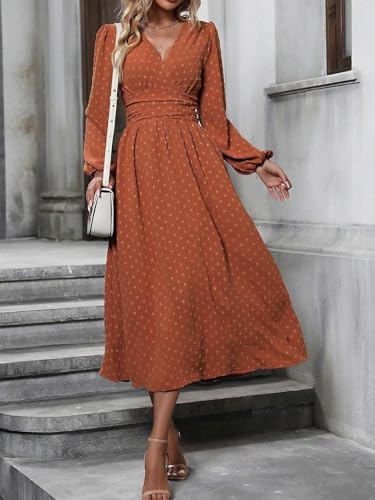 Mettclasi Women's Spring Fall Swiss Dot V Neck Maxi Dress Casual Puff Long Lantern Sleeve A-Line Flowy Dress