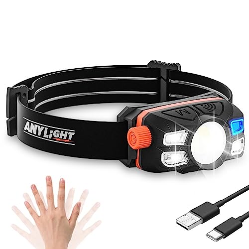 Anylight Rechargeable LED Headlamp with Stepless Dimming and Motion Sensor, IP65 Waterproof Headlight for Repairing, Runni...