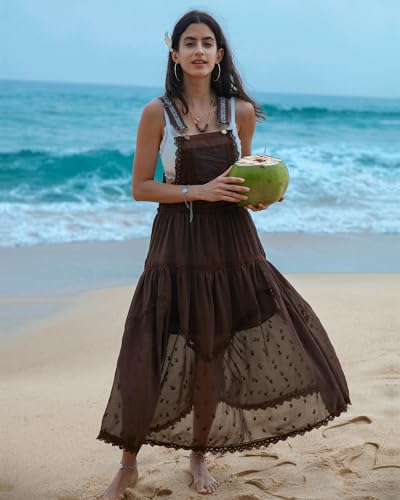 Gacaky Summer Dress for Women Casual Floral Embroidered Bohemian Dress Adjustable Straps Bib Maxi Flowy Dresses with Pockets