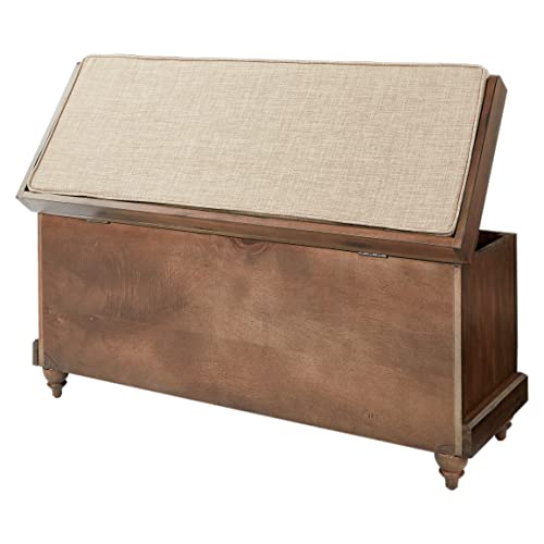 OSP Home Furnishings Dover Coastal Lift-Top Storage Bench with Shutter Face Styling, Distressed Brown Finish with Beige Linen Fabric Cushion