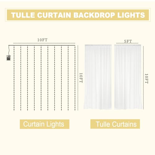 EMART White 10x10ft Tulle Backdrop Curtains with Lights String,Sheer Backdrop Curtains for Wedding, Baby Shower,Photoshoo...