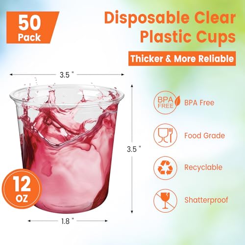 Jycnolm 50 Pcs Disposable Plastic Wine Glasses Stemless 12 oz Plastic Cocktail Cups for Meeting Weddings Birthdays Christm...