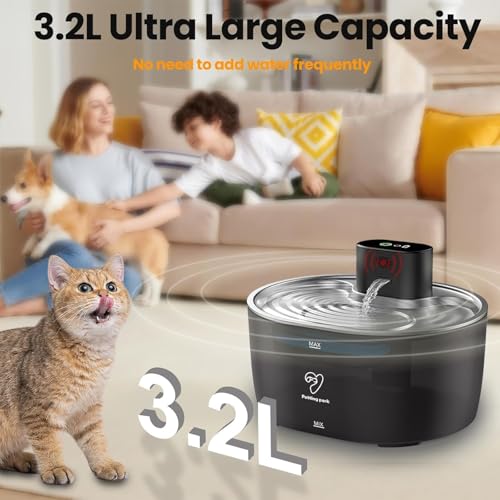 Wireless Cat Water Fountain Stainless Steel,108oz/3.2L Pet Water Fountain Battery Operated with 2 Modes, Ultra Quiet Motio...