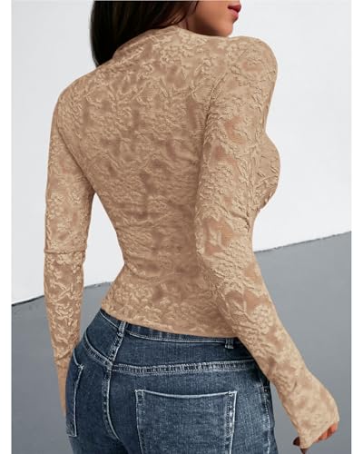 BTFBM Mesh Long Sleeve Tops for Women Lace Sexy Sheer Tight See Through Crew Neck Spring Fall 2026 Party Club Outfits