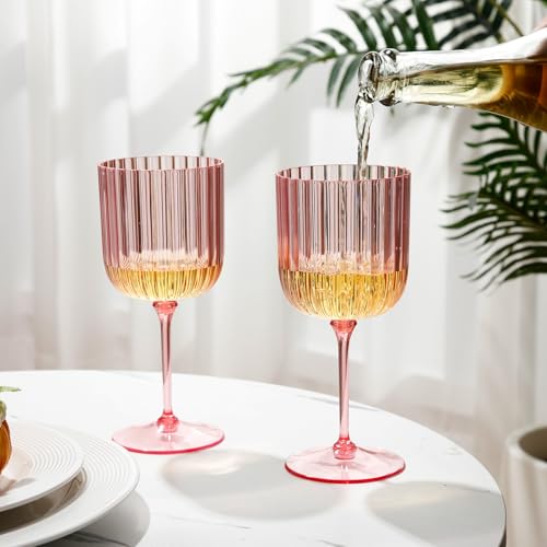 Jingmore 12 Pack Plastic Ribbed Wine Glasses With Stem 11 oz Goblet Detachable Wine Glass Disposable Champagne Cups Vintag...