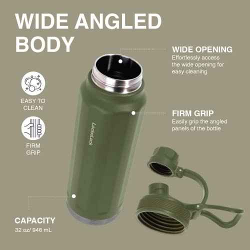 LocknLock Trek Bottle Stainless Steel Double Wall Insulated, 32 oz, Olive Green