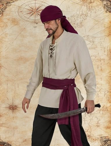 Verceco Mens Pirate Costume Outfit Renaissance Costume Men Medieval Outfit With Pirate Pants Shirts Sash Accessories (khak...