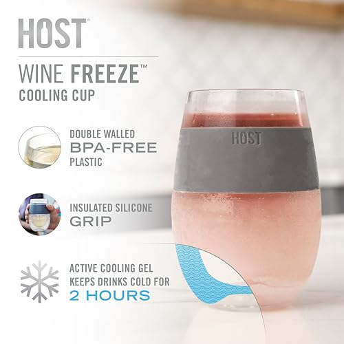 Host Wine Freeze Cup Set of 2 - Plastic Double Wall Insulated Wine Cooling Freezable Drink Glasses with Freezing Gel, Wine...
