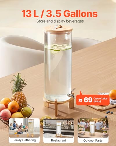 VEVOR Beverage Dispenser, 3.5 Gallon Drink Dispensers for Parties, Glass Juice Dispenser with Wood Stand, Stainless Steel ...
