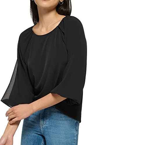 Calvin Klein Womens Loose Fitted Matte Jersey Mixed Media Lantern Sleeve Blouse
