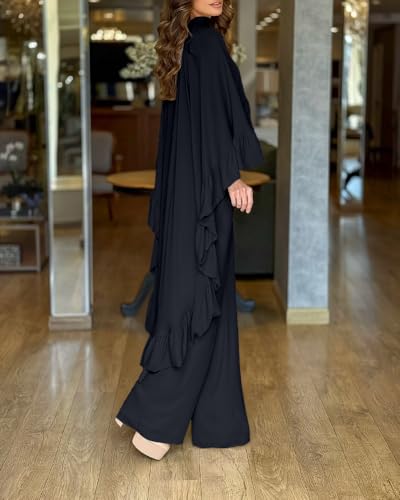 CHICME 2 Pieces Outfits for Women High-Low Ruffles Hem Cape Top and Casual Wide Leg Pants Travel Matching Sets
