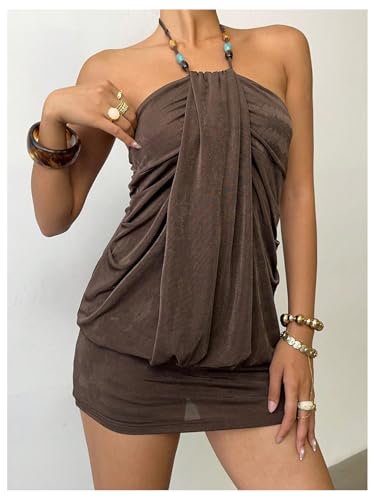 Milumia Women's Y2k Draped Front Halter Dress Tie Backless Mini Dresses Concert Festival
