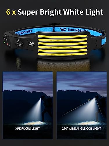 Smiling Shark Rechargeable Headlamp, 230°Wide Angle 6*White Light The Brightest LED Head Lamp with Motion Sensor Waterproo...