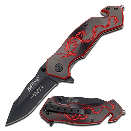 MTECH USA – Manual Folding Knife – Black Blade, Dragon Strike, Black Aluminum Handle w/Red CNC Dragon, Glass Punch, Rope C...