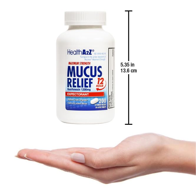 HealthA2Z® Mucus Relief | Guaifenesin 1200 mg | 12 Hour | Expectorant | Relieves Chest Congestion | Thins and Loosens Mucus (200 Tablets) (Pack of 2)