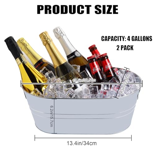 2 Pack Galvanized Ice Bucket 4 Gallon Galvanized Tub Ice Bucket for Parties Metal Beverage Buckets with Handles Wine Beer ...