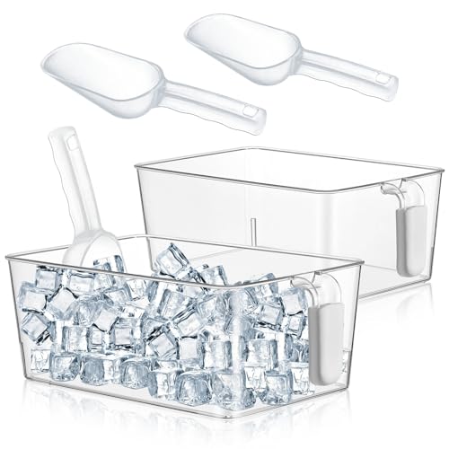 Havawish 2 Set Ice Bin and Flexible Scoop Set Plastic Freezer Ice Bin with Pull out Handle Clear Storage Bucket for Contai...