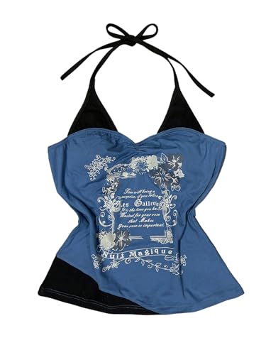 Verdusa Women's Y2K Colorblock Tie Back Halter Top Letter Print Backless Going Out Tops