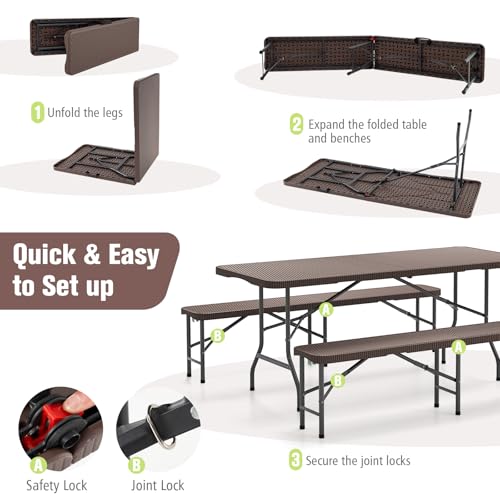 Goplus 6 FT 3-Piece Portable Picnic Table Bench Set, HDPE Rattan-Like Plastic Folding Picnic Tables with Benches, Foldable...