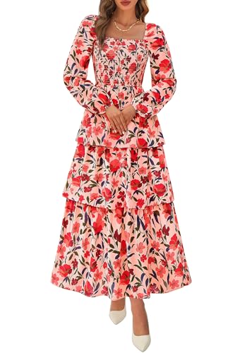 BTFBM Spring Dresses for Women 2026 Floral Long Sleeve Smocked Square Neck Ruffle Tiered Flowy Party Wedding Guest Dress